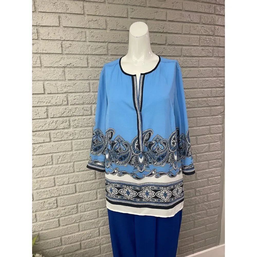 Ann Taylor Women Blue 3/4 Sleeve Paisley Print Blouse Size M